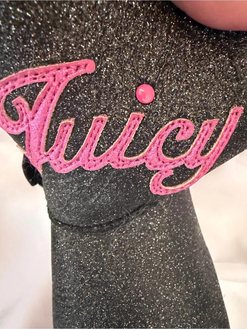 Juicy Couture Black Glitter Kids' Boots with Pink Trim and White Faux-Fur